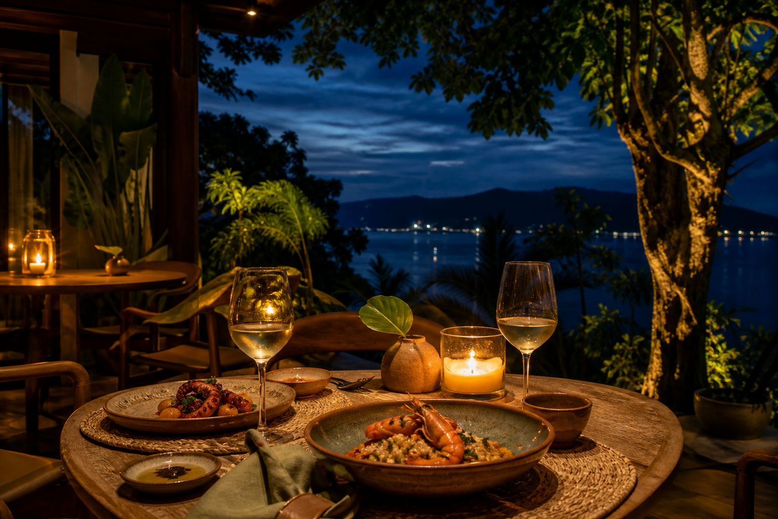 Mesa de jantar à luz de velas com vista noturna para o mar