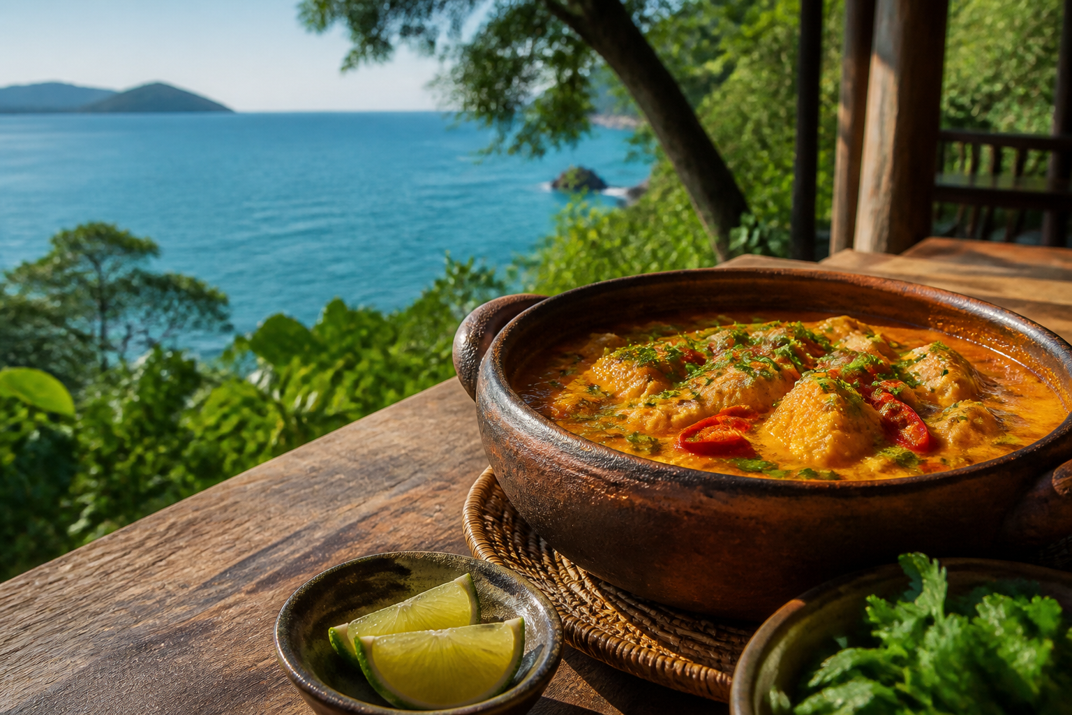 Moqueca servida em panela de barro com vista para o mar de Ilhabela